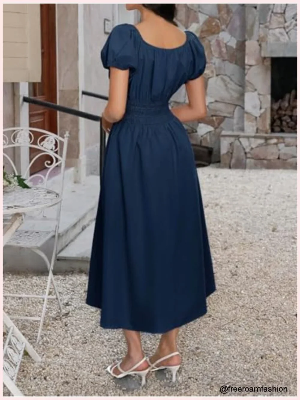 Short Puff Sleeve Midi Dress Scoop Neck A-Line Sundress with Pockets